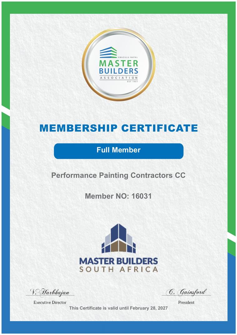 Master Builders Association Full Member certificate, membership number 16031, Performance Painting Contractors CC, valid to 28 February 2027