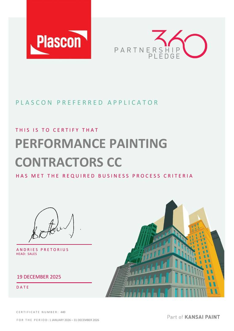 Plascon Preferred Applicator certificate number 440 for Performance Painting Contractors CC, valid 1 January to 31 December 2026